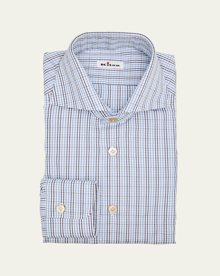 Kiton Men's Cotton Graph Check Spread Collar Dress Shirt