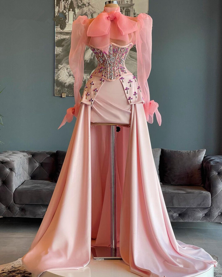 HVVLF Pink Prom Dresses A-line Long Sleeves Tulle Beaded Long Dubai Saudi Arabia Prom Gown Evening Dress Robe De Soiree Customized
