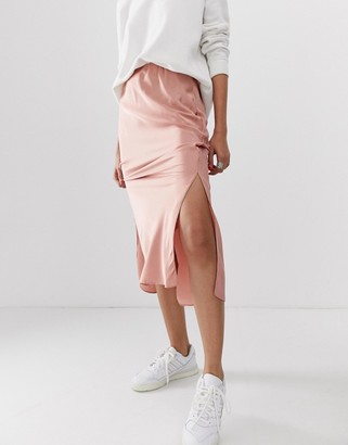 ASOS DESIGN bias cut satin midi skirt with splits