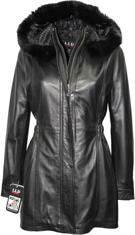 None Ladies LLD Black Trench Mid Length Fur Hooded Designer Leather Jacket  Coat (16) - ShopStyle