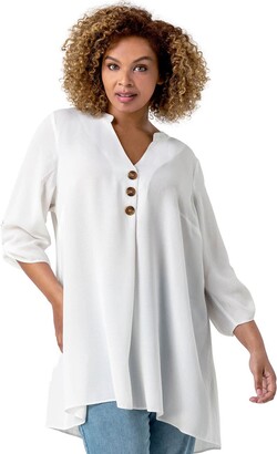 Roman Originals Roman Curve Button Detail Tunic Top for Women UK - Ladies  Spring Everyday Summer Holiday Notch Neckline Comfy 3/4 Sleeve Soft Relaxed  Fit Shirt Vacation Blouses - Plus Ivory - Size 18 - ShopStyle