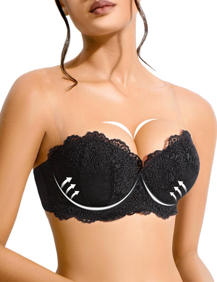 YBCG Strapless Bra Push Up with Clear Straps Lace Padded Add 2 Cups Convertible Mutiway