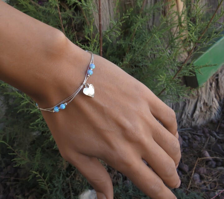 Etsy Blue Opal Bracelet, Opal Bead Silver Jewelry, Tiny Heart Minimal Bracelet