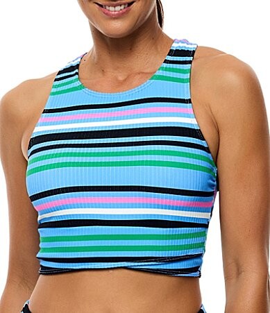 Athena Next by Wide Stripe Rib Knit High Neck Crop Swim Top