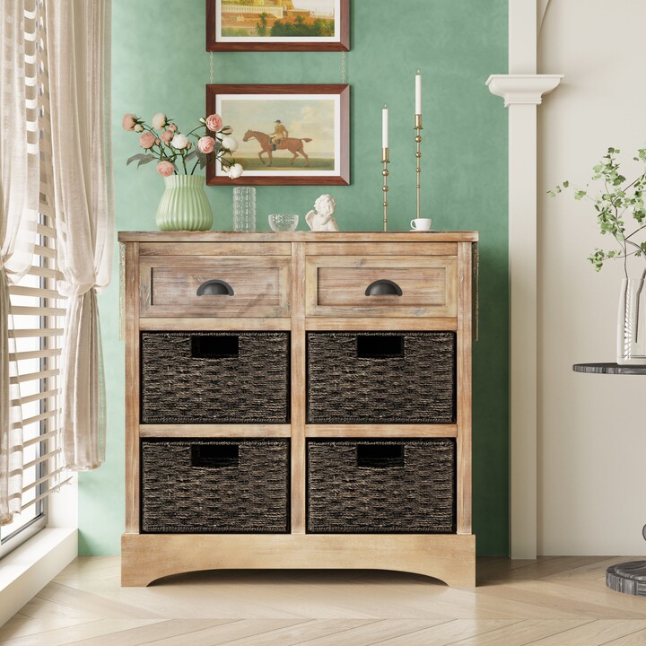 Rustic Storage with Two Drawers and Four Classic Rattan Basket