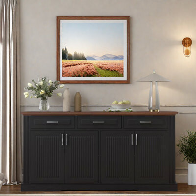 Fluted Sideboard Cabinet With 3 Drawers, Adjustable Shelf And Metal Handles