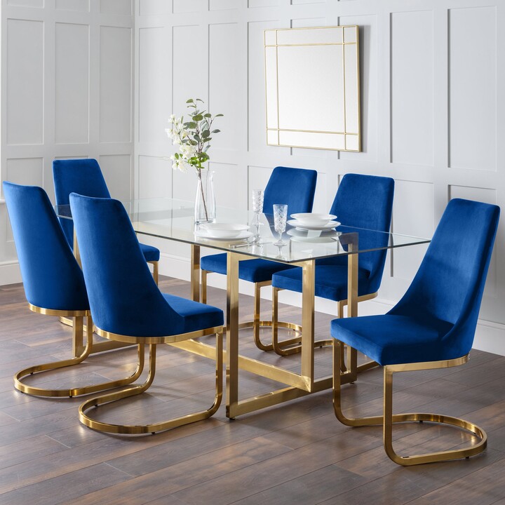 Dunelm Minori 6 Seater Rectangular Glass Top Dining Table, Gold Blue