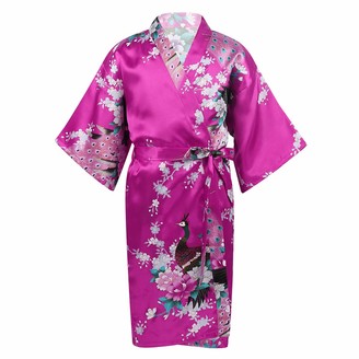 inhzoy Kids Girls Peacock Satin Bathrobe Nightgown Princess Pajamas Kimono Robe for Theme Party Wedding Purple 11-14 Years