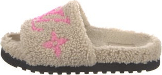 Louis Vuitton Shearling Slides Black & Neutrals Printed Signature Logo Rubber Trim Designer