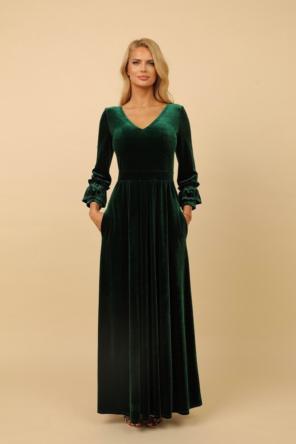 Dark Green Velvet Dress, Elegant V-Neck Evening Gown