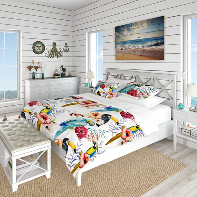 Design Art Designart Parrots Hibiscus and Toucan Duvet Cover Set