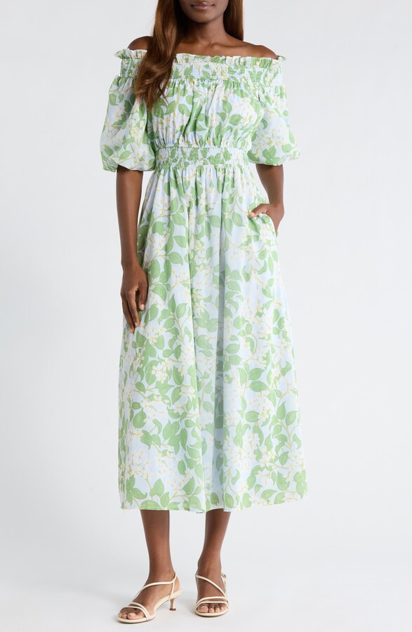 Sugar Lips Kiany Floral Magna Town Off the Shoulder Cotton Midi Dress