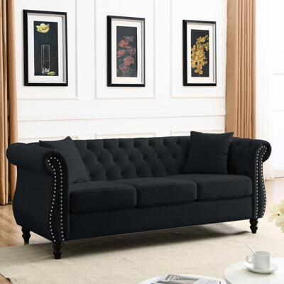 80" 3 Seater Black Velvet , . With Rolled Arms & Nailhead Trim. Frame, Soft Cushions. For Living Room, Bedroom, Office. 250lbs Load. Removable Pillows