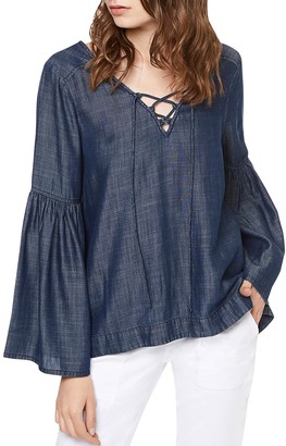 Sanctuary Lila Lace-Up Bell Sleeve Chambray Top