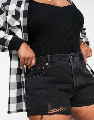 ASOS Curve DESIGN Curve denim mid rise 'relaxed' shorts in washed black with rips