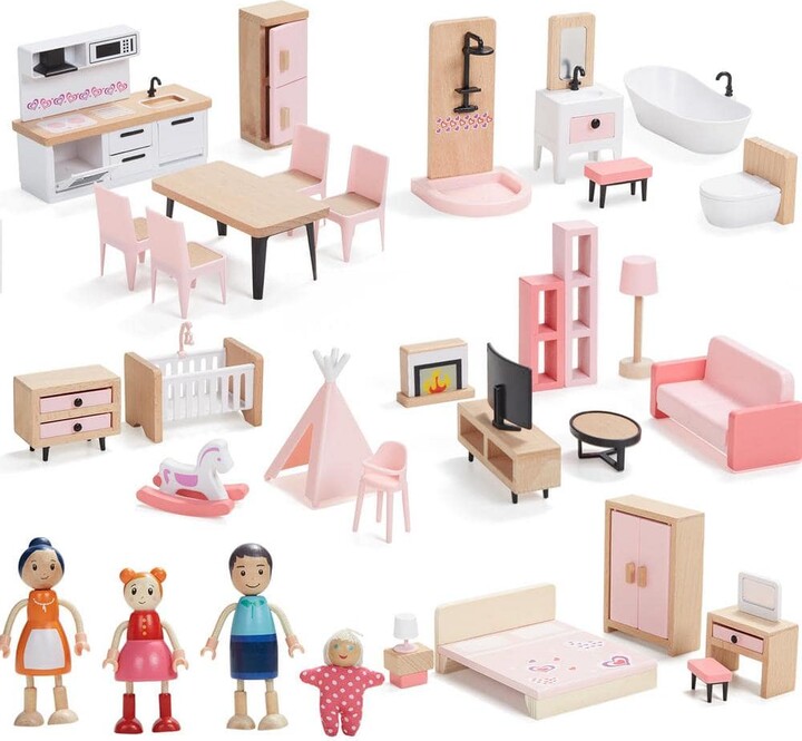 Angel Sar 36-Piece Wooden Dollhouse Furniture Set with 4 Family Dolls for 3Y plus Boys Girls Toddlers, Pink