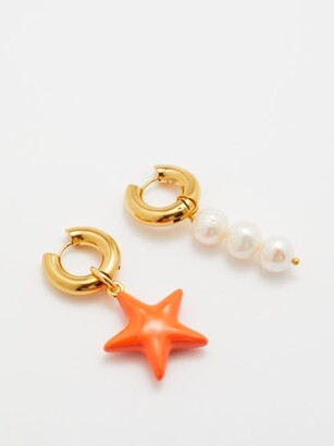 Timeless Pearly Mismatched Star & Pearl Gold-plated Hoop Earrings - Orange Multi
