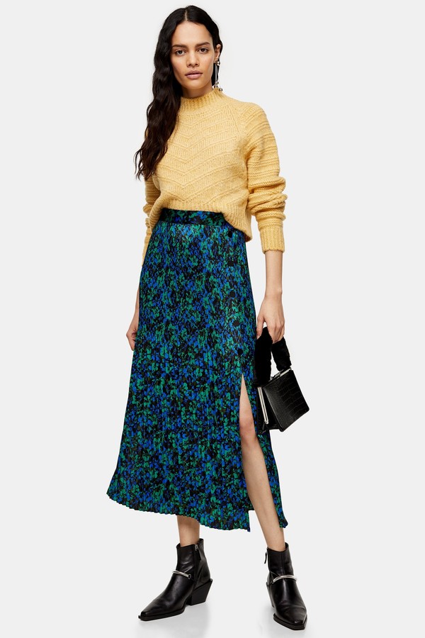 Topshop Blue and Green Floral Pleated Popper Midi Skirt - ShopStyle