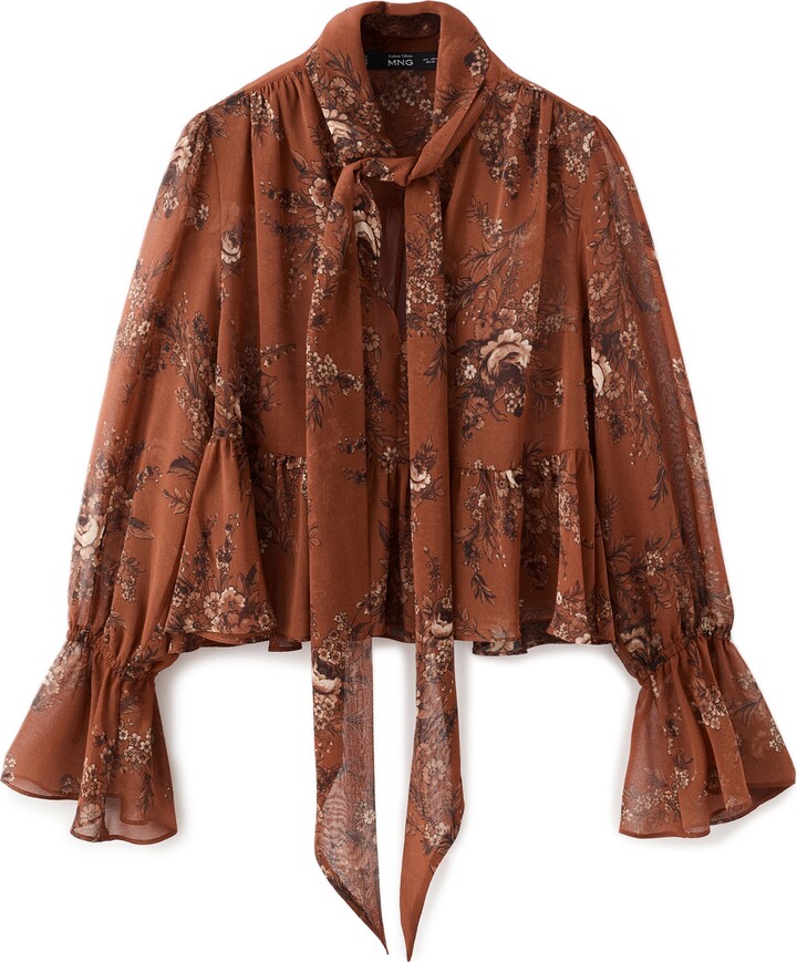 MANGO Floral Print Tie Neck Top