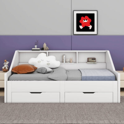 Dinoshan Twin to King Size Daybed Frame with Storage Bookcases and Two Drawers