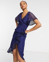Thumbnail for your product : ASOS DESIGN lace midi dress with flutter sleeve and wrap waist with contrast trim