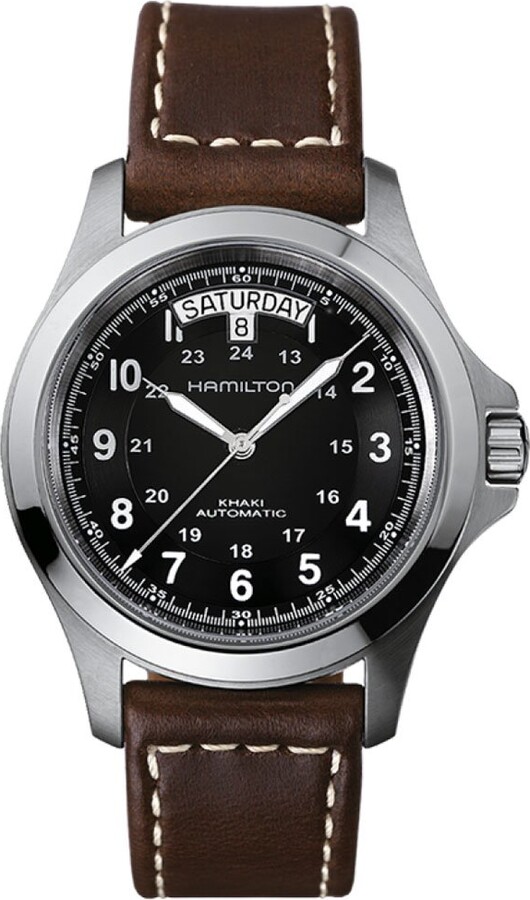Hamilton Watch Khaki Field King Auto | Swiss Made | 40mm Stainless Steel Case | Black Dial Analog Watch | Brown Leather Strap (Model: H64455533)