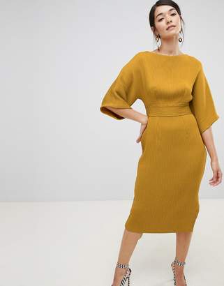 Closet London ribbed pencil dress with tie belt in mustard