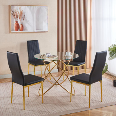 Mercer41 Mid-Century Dining Set With Glass Top Metal Legs And End Table Ideal For 4-6 People And Modern Interiors