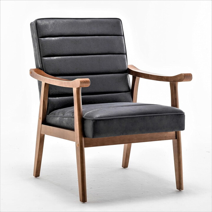 US Pride Furniture Unique Mid Century Modern Accent Chair with Open-Framed Armchair Design Plush Foam Leather-Look Microfiber Seat and Back Cushions Black