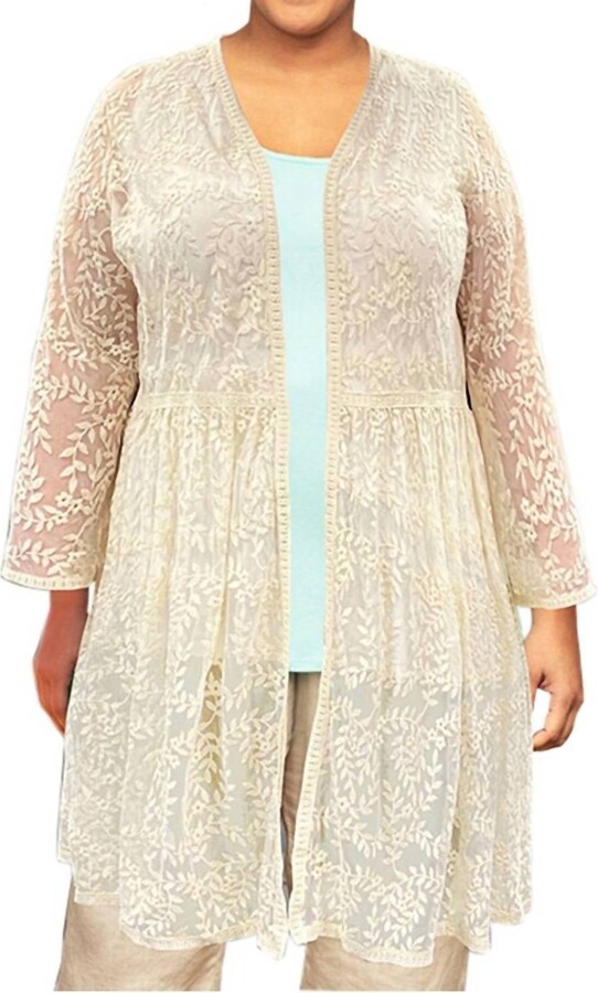 On The Plus Side Long Sleeve Mesh Lace Betty Duster - Plus In Beige Floral