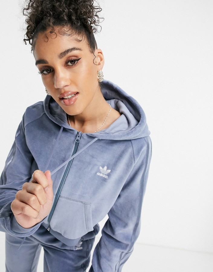 adidas Relaxed Risque velour zip through hoodie in blue - ShopStyle