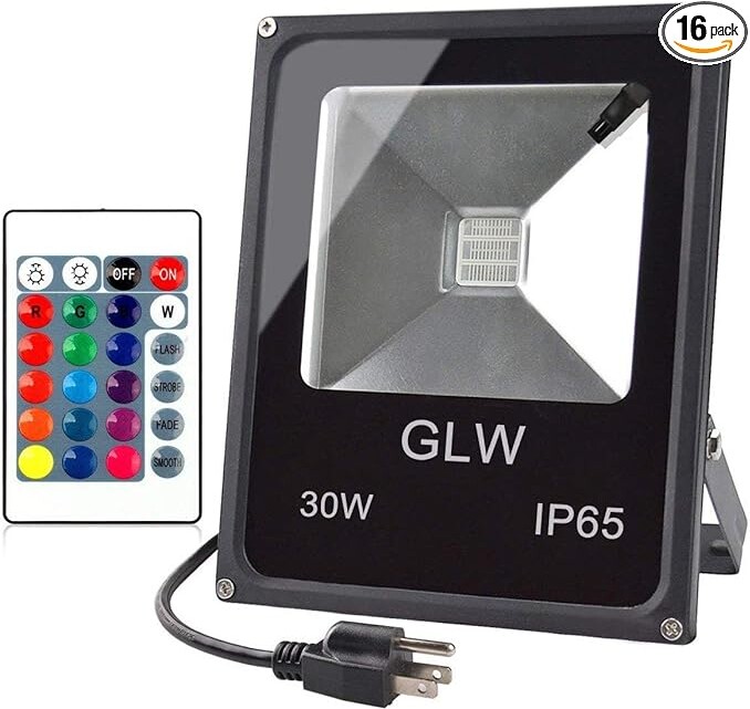 GLW LED RGB Flood Light Stage Lighting, 30W Outdoor Color Changing Lights with Remote Control, IP65 Waterproof Dimmable Wall Washer Light, Flood Lamp 16 Colors 4 Modes with US 3-Plug