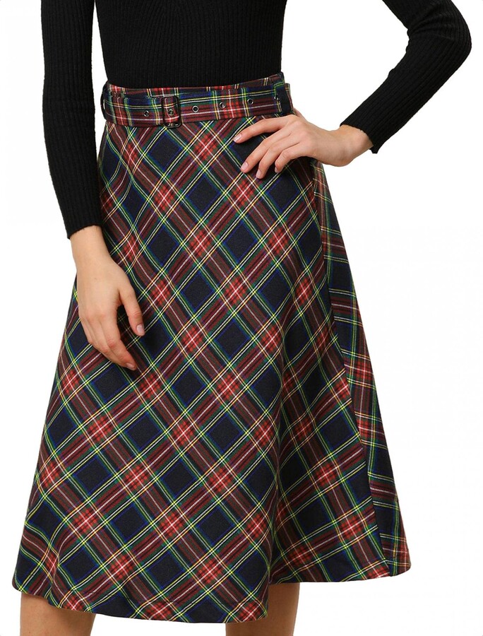 Allegra K Women's Tartan Plaid High Waist Belted Vintage A-Line Midi Skirt  Dark Blue 20 - ShopStyle