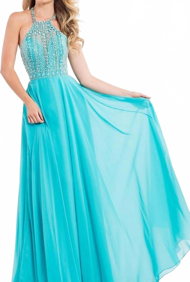 RACHEL ALLAN Open Back Beaded Chiffon Gown In Aqua