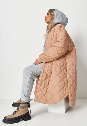 Missguided Camel Diamond Quilted Long Bomber Jacket