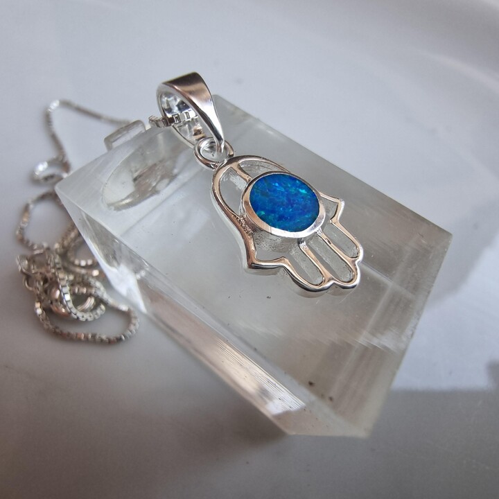 Etsy sterling Silver Hamsa Necklace Blue Opal Fatima Charm