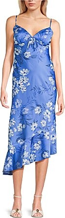 B. Darlin Floral Print Satin V-Neck Tie Front Asymmetrical Ruffle Hem Midi Dress