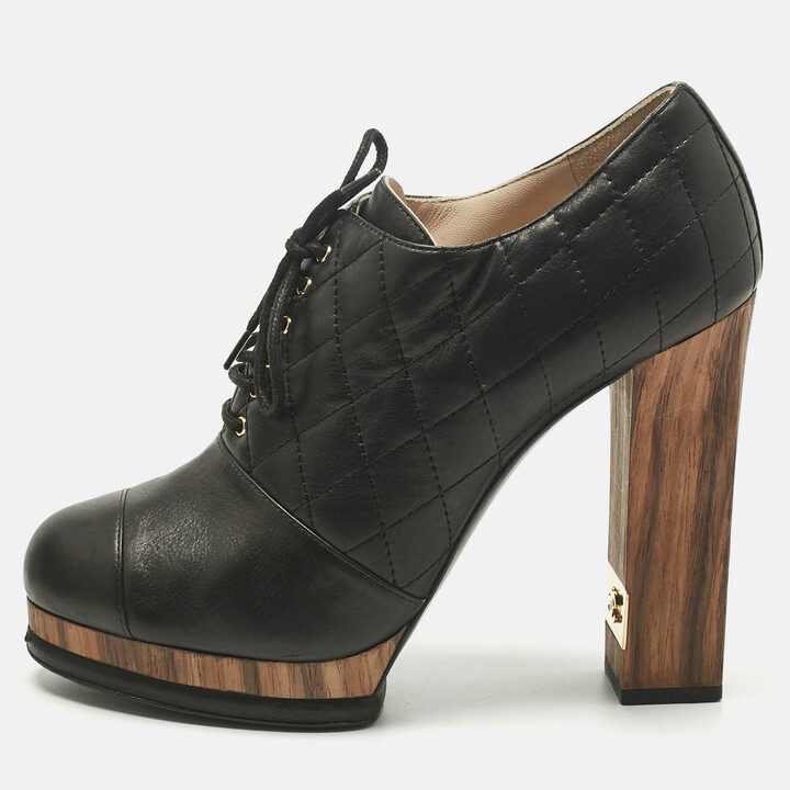 Chanel Black Quilted Leather CC Block Heel Booties Size 40.5