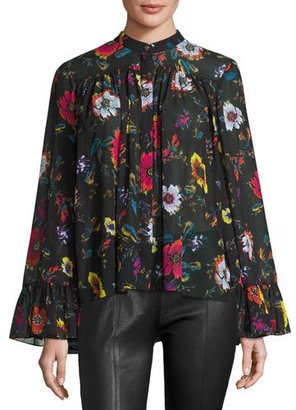 McQ Shirred Floral Chiffon Blouse, Black/Multicolor