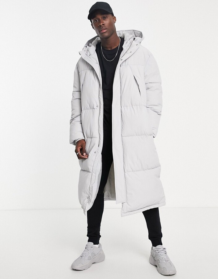 Topman extra longline puffer jacket with hood in grey - ShopStyle