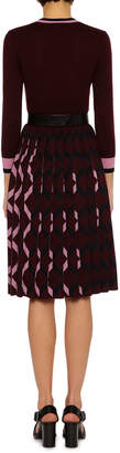 Bottega Veneta 3/4-Sleeve Pleated-Skirt Wool V-Neck Dress, Multicolor