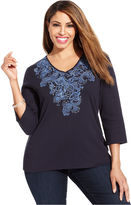 Thumbnail for your product : Karen Scott Plus Size Three-Quarter-Sleeve Embroidered Top