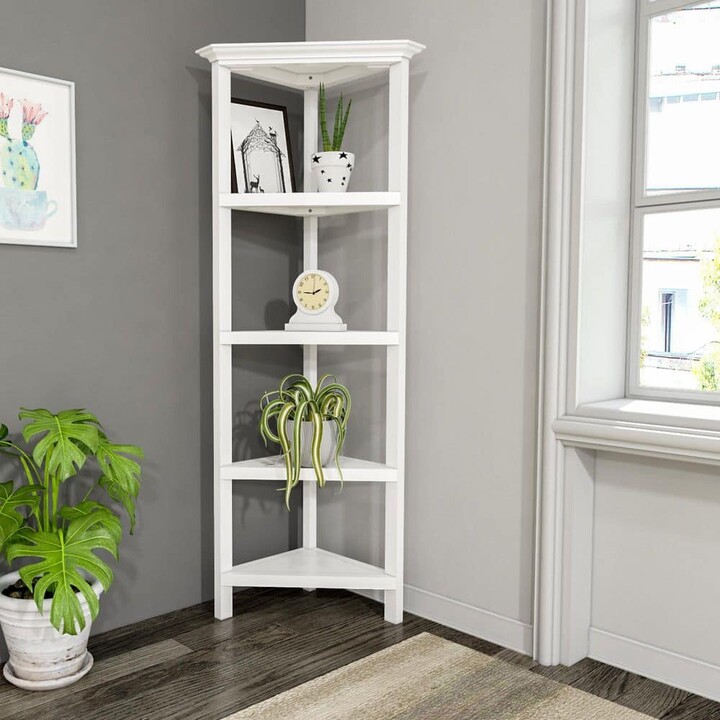 New Ridge Home Goods Edenton 60 in. White Wood 4-Shelf Corner Bookcase with Open Back