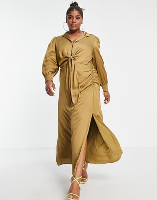 Forever New Curve tie front ruched shirt midi dress in olive