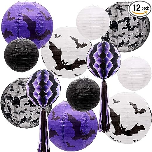 UNIQOOO 12pcs Spooky Halloween Decor Black White Purple Hanging Paper Lanterns Set with Decorative Bats & Honeycomb Pom Pom Tassels for Indoor/Outdoor Holiday Home Garden Decor Party, 12 in & 8 in