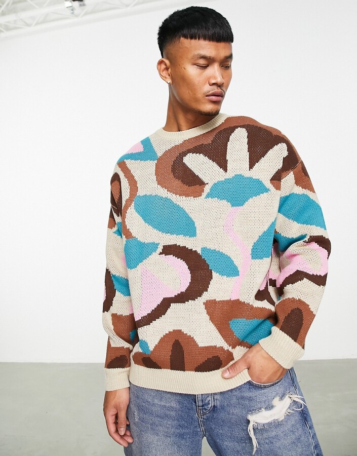 ASOS DESIGN knit abstract pattern sweater in brown - ShopStyle