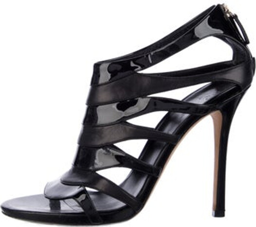 Gucci Patent Leather Sandals Black Cutout Accent & Leather Trim Platform Multistrap