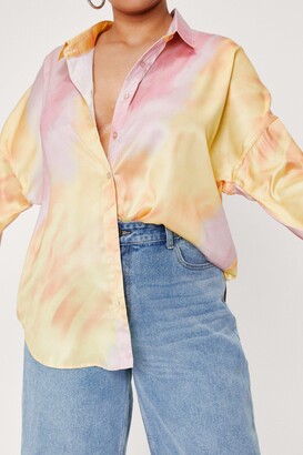 Nasty Gal Womens Plus Size Tie Dye Print Oversized Satin Shirt - Yellow - 18