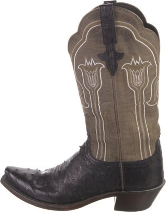 Lucchese Leather Mid-Calf Western Boots Black & Neutrals Colorblock Pattern Square-Toes with Embroidered Accent Designer
