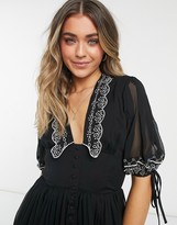 Thumbnail for your product : ASOS DESIGN embroidered collar mini dress with tie sleeve in black